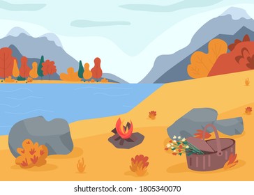 Autumn nature flat color vector illustration. Picnic near lake. Holiday recreation with camping. Hiking in woods. Set bonfire to relax. Fall 2D cartoon landscape with mountains on background