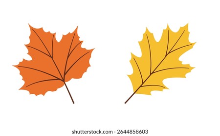 Autumn nature flat vectors: maple leaf, yellow leaf for seasonal projects. Hand drawn set for banners, cards, social media