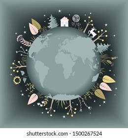 Autumn Nature frame with Earth planet, trees, flowers and house. Add your text. Vector illustration
