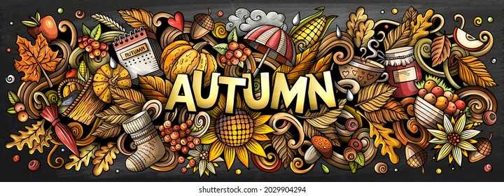 Autumn nature hand drawn cartoon doodle illustration. Funny seasonal design. Creative art vector background. Handwritten text with fall elements and objects. Colorful composition