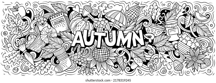 Autumn nature hand drawn cartoon doodle illustration. Funny seasonal design. Creative art vector background. Handwritten text with fall elements and objects. Sketchy composition