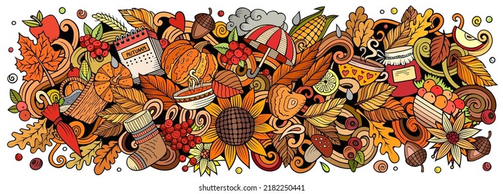 Autumn nature hand drawn cartoon doodle illustration. Funny seasonal design. Creative art vector background. Colorful composition with fall elements and objects.