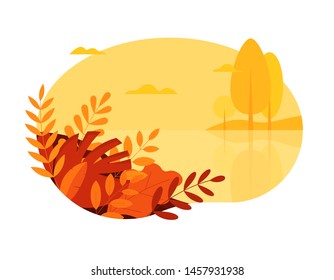 Autumn nature landscape banner template. Seasonal beautiful baanner with autumn leaves. Social media banner, promo design template. Vector illustration in flat style.