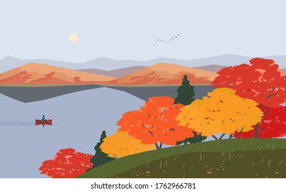 Paisaje natural otoñal. Mínima caricatura colorida. Fondo de banner de la temporada de otoño. Barco en aguas tranquilas del río, arce rojo en la colina del otoño. Vista panorámica del lago del valle de montaña de los Alpes. Ilustración vectorial al aire libre