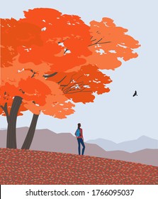 Autumn nature landscape. Colorful scene cartoon. Fall season countryside scene banner background. Girl enjoy calm scenic view, red maple autumn hill. Alps mountain valley outdoors vector Illustration