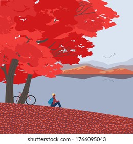 Autumn nature landscape. Colorful seasonal cartoon. Fall season banner background. Enjoy of calm river water, red maple autumn hill. Alps mountain valley lake scenic view. Outdoors vector Illustration