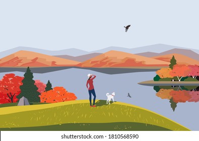 Autumn nature landscape minimal cartoon. Fall season banner background. Enjoy calm river water, red maple autumn hill. Alps mountain valley lake scenic view. Outdoors local travel vector Illustration