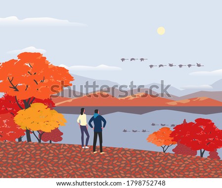 Autumn nature landscape minimal cartoon. Fall season banner background. Enjoy calm river water, red maple autumn hill. Alps mountain valley lake scenic view. Outdoors local travel vector Illustration