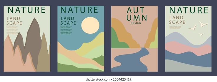 Herbstliche Naturlandschaftsplakate, Cover, Kartenset mit minimalistischen Herbstgebirgsdesigns in erdigen Tönen und Typografie-Design. Bild auf Hintergrund, Karte oder Abdeckung