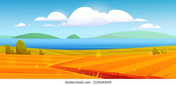 Autumn nature landscape, rural dirt road going through yellow field to blue sea shore or lake. Cartoon fall season scenery background with path under blue sky with fluffy clouds, Vector illustration