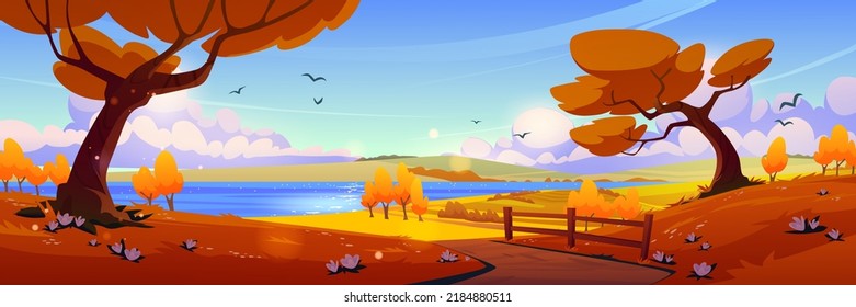 Autumn nature landscape, rural dirt road going through yellow field and trees to clear lake. Cartoon fall season scenery background with path under blue sky with fluffy clouds, Vector illustration