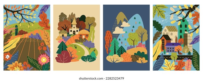 Paisaje natural otoñal. Colección de afiches o carteles con la temporada de otoño. Árboles y edificios en colinas. Bonito panorama natural. Ilustraciones de caricaturas de vectores planos aisladas en fondo blanco