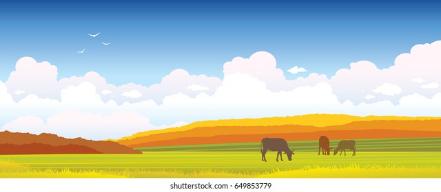 Autumn nature landscape with silhouette of cows, orange forest and green meadow on a cloudy blue sky. Vector illustration.