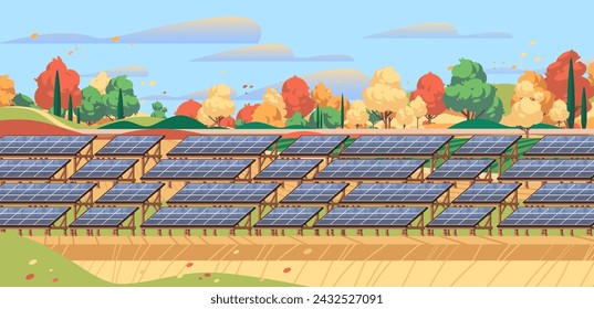 Paisaje natural de otoño con sistema de paneles solares. Ilustración de dibujos animados de campo de energía ecológica