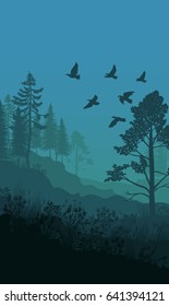 Autumn nature landscape template with trees grass flowers and flock of flying birds vector illustration