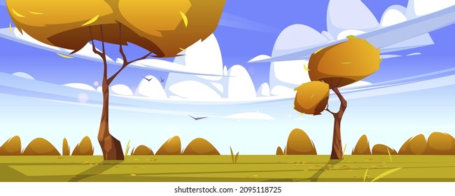 Autumn nature landscape, trees with yellow foliage at field with grass under blue sky with fluffy clouds and flying birds. Scenery cartoon background, natural tranquil countryside, vector illustration