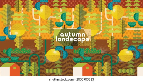 Autumn nature and landscape. Vector art abstract illustration of village, trees, bushes, lemon, for poster, background or cover. Agriculture and garden