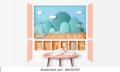 Autumn nature meadow scenery and working area on the balcony. Autumn workspace. paper cut and craft style. vector, illustration.