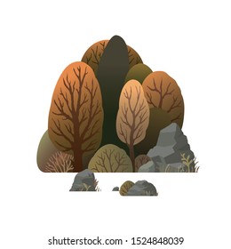Autumn nature. Modern landscape background trees and stones. Vector illustration.