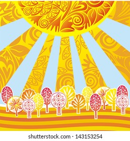 Autumn nature pattern background design element sun sky pattern leaf tree vector illustration