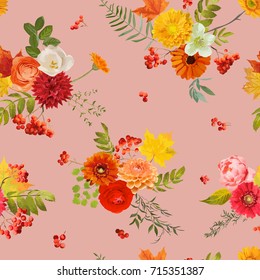 Autumn Nature Seamless Pattern. Floral Background with Maple Leaves and Flowers in Vector