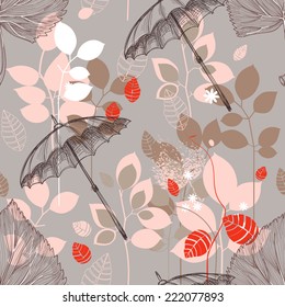 Autumn nature seamless pattern, leaves and umbrellas design
