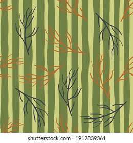 Autumn nature seamless pattern with tree branches ornament. Green olive striped background. Decorative backdrop for fabric design, textile print, wrapping, cover. Vector illustration.