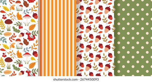 Herbst Natur nahtlose Muster Sammlung. Hintergrund mit Pilzen, Blättern, Beeren, Eicheln. Gestreifter und Polka-Punktdruck. Vektorgrafik