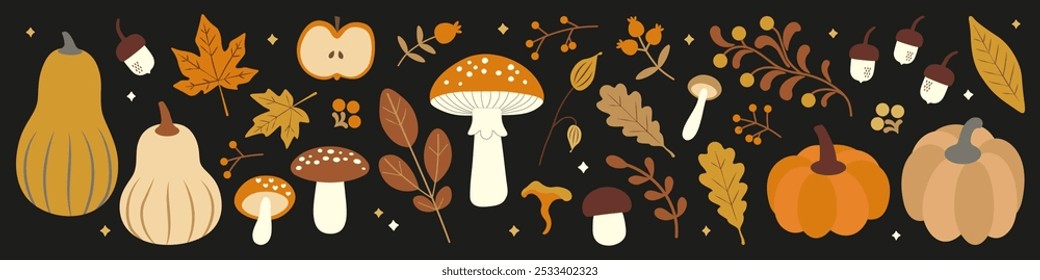 Autumn Nature Set with Mushrooms and Pumpkins. Whimsical autumn-themed vector illustration featuring pumpkins, mushrooms, acorns, and leaves. Ideal for seasonal designs and fall decorations