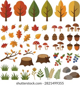 Autumn nature vector element collection isolated on white background. Flat illustration set of trees, colorful fall leaves, mushrooms, acorns, pinecones, berries, tree stumps, and rocks.
