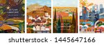 Autumn nature, village, country, city landscapes. Vector illustration of natural, urban and rustic background for poster, banner, card, brochure or cover.