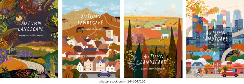 Őszi természet, falu, ország, városi tájak. Vektoros illusztráció természetes, városi és rusztikus háttér poszter, banner, kártya, brosúra vagy borító.