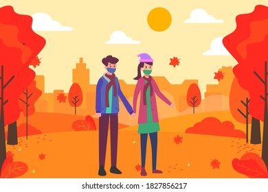 Autumn in new normal vector concept: Young couple standing in the park with autumn season while wearing face mask in new normal