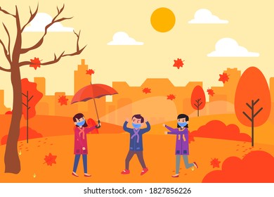 Autumn in new normal vector concept: Cute children playing together in autumn season while wearing face mask