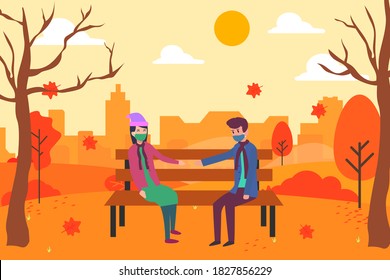Autumn in new normal vector concept: Young couple sitting on the bench with new normal in autumn season