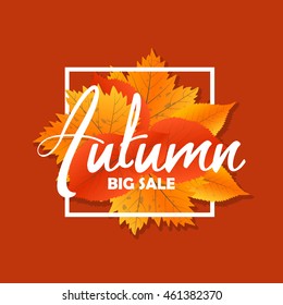 Autumn new season of sales and discounts, deals and offer. Painted lettering with his hands. Label and banner template with yellow red leaves.