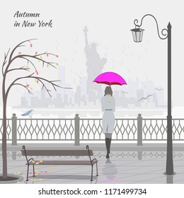 Autumn in New York. Girl with pink umbrella on the embankment. Vector.