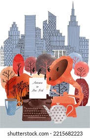 Autumn in New York. Watercolor Illustration of Central Parc with autumn trees and and retro caffee set