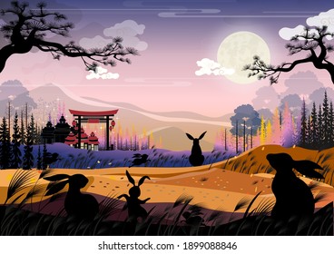 Autumn night landscapes with Chinese Temple on moutain, family rabbit celebrating outdoors and rabbit jade looking at full moon,Chiness greeting card for Mid-Autumn Festival