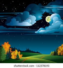 Autumn night with yellow full moon and  trees on a cloudy starry sky