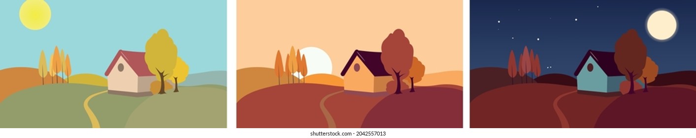 Autumn noon, sunset, night. Vector illustration of the time of day of the autumn season. Drawing house on the background of autumn nature. Vector autumn nature at sunset and at night