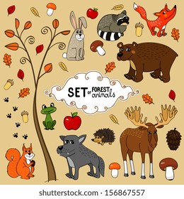 Autumn north forest animals set vector illustration