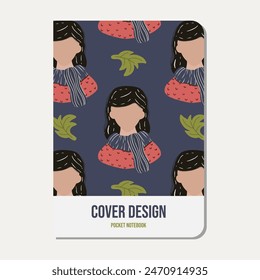 autumn notebook cover - young character in coat. Seamless woman pattern