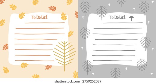 Autumn notebook for notes. To Do List. Gray background, tree with bare branches without leaves, mushrooms, falling leaves. Space for text, notes, or memos. Flat design. Vector illustration.