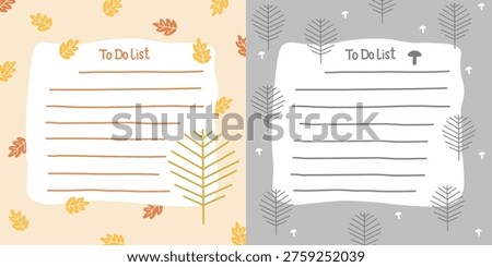 Autumn notebook for notes. To Do List. Gray background, tree with bare branches without leaves, mushrooms, falling leaves. Space for text, notes, or memos. Flat design. Vector illustration.