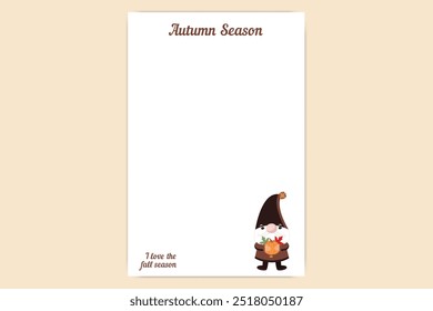 Autumn notepad design with cute gnome holding pumpkin and leaves 