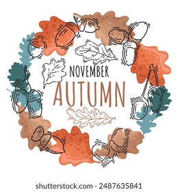 Autumn november abstract template frame with Retro oak leaves and acorns for design of invitations or discounts. Autumn Template for decoration. Vector fall organic pattern.