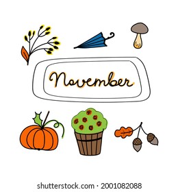 Autumn november set, hand drawn elements- calligraphy, fall leaves, forest animals, wreaths, and other. Perfect for web, card, poster, cover, tag, invitation, sticker kit. Vector illustration

