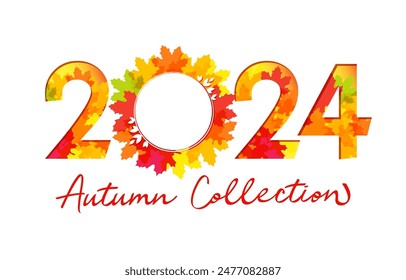 Autumn number 2024 creative design. Fall decorative banner. Holiday concept.  Advertisement template. Greeting card or invitation clip art with round abstract decor element. Set of colorful leaves.