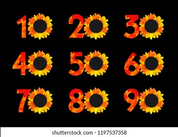 Autumn numbers logotypes. Collection with orange coloured leaves. Round discounts up to ninety % percent off on dark background. Abstract digits congratulating graphic design template. Vector banners.